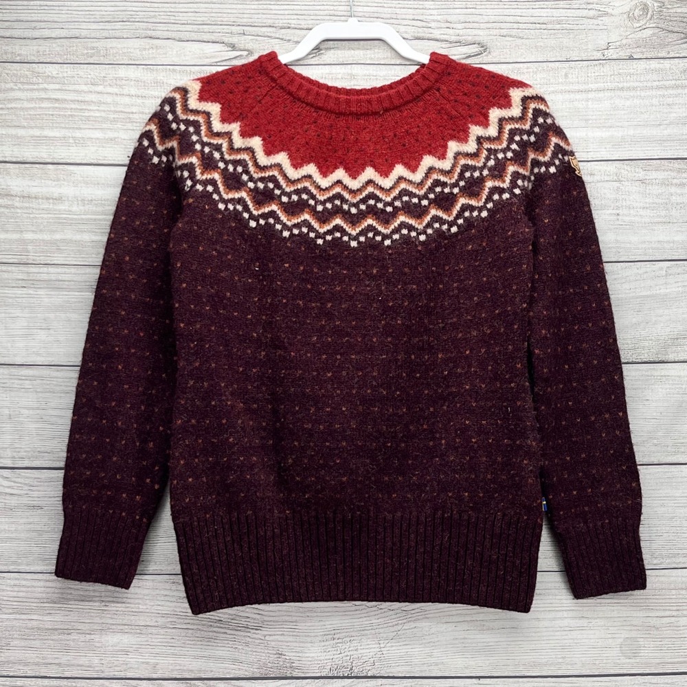 Fjallraven Ovik Knit Sweater W Dark Garnet Burgundy Wool Nordic Pattern Medium